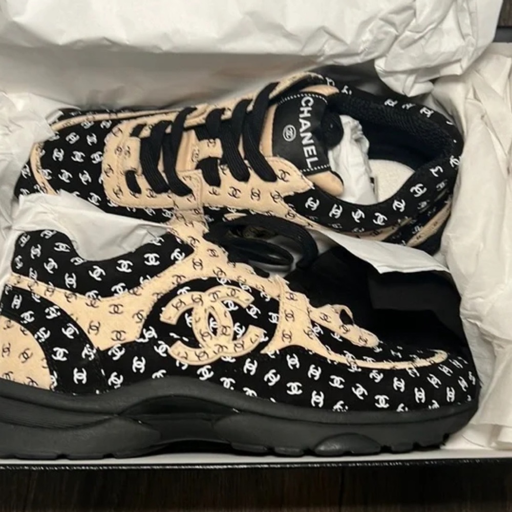 CHANEL Nylon Suede Calfskin Printed CC Sneakers - Picture 9 of 10
